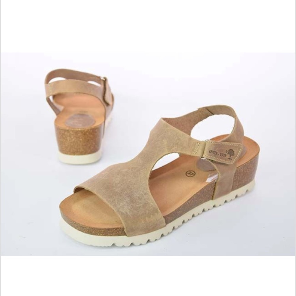 Inter Bios Tan Cork Leather Wedge Sandals Size 9.5